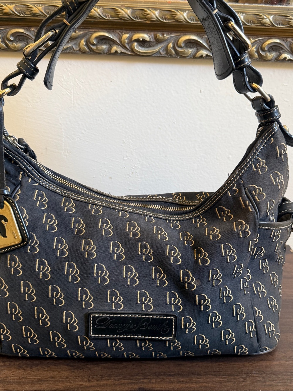 Vintage Dooney & Bourke Black Canvas Monogram Hobo Shoulder Bag Y2K Aesthetic